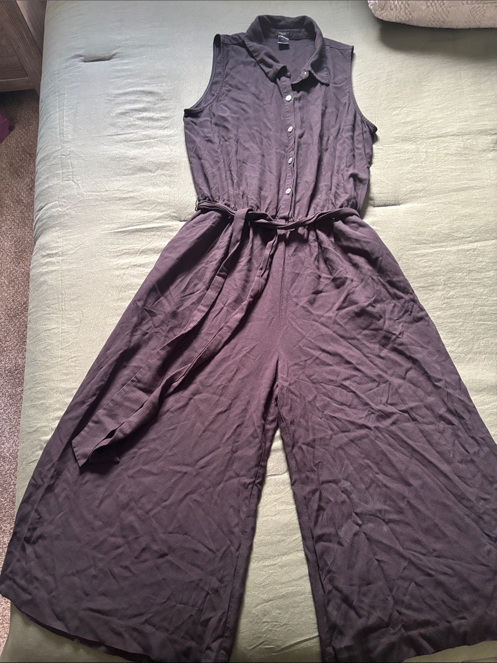 Ann Taylor Sleeveless Button-Front Wide-Leg Jumpsuit in Plum
